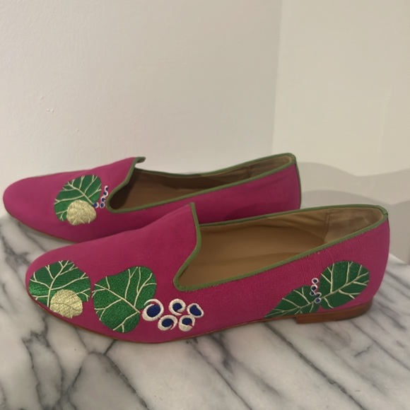 🏝️ ZALO Sea Grapes Needlepoint Flats Pink Slip On Palm Beach Stubbs Loafers 9 - Picture 6 of 7